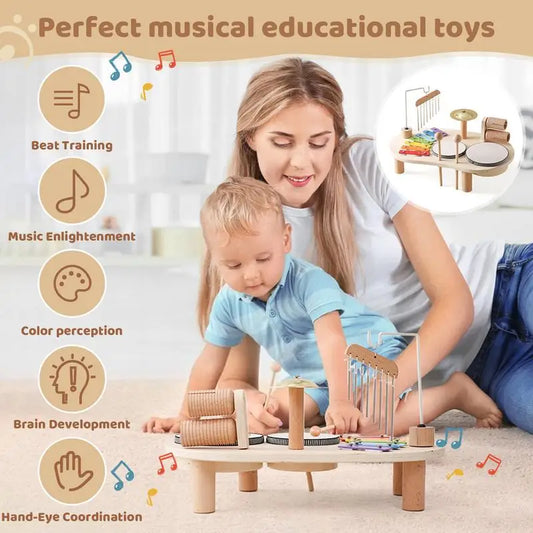 Drum Set For Kids 7 In 1 Montessori Educational Toy With Wind Chime Wooden Musical Kit Sensory Toys For Boys Girls Kids Ages 2