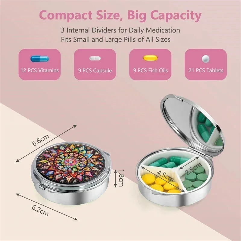 Small Pill Box Cute Pill Case for Travel Mini Pill Container Single Round Metal Pill Holder Organizer for Daily Medicine Supple