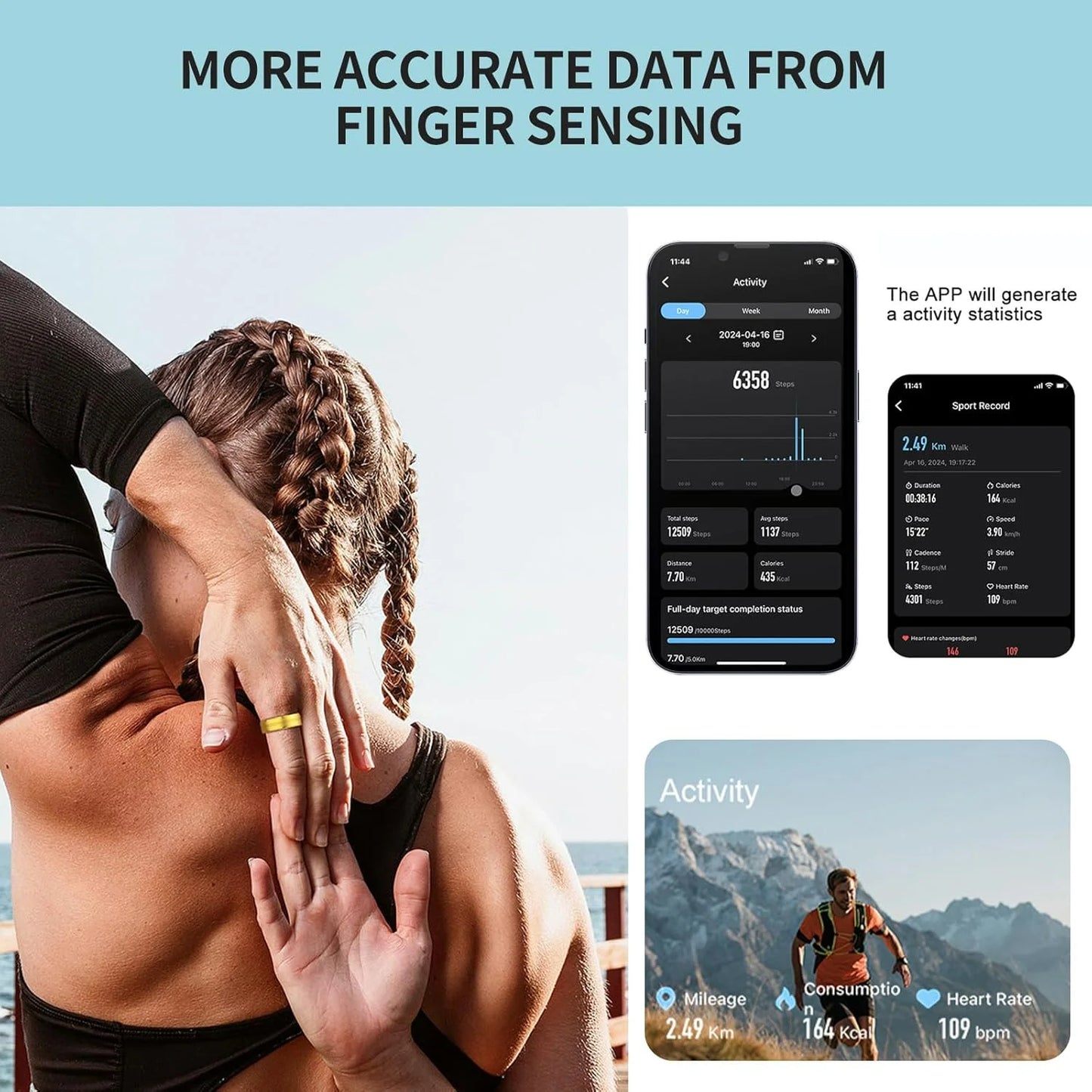 Smart Wearable Fitness , Sleep Ring, Healthy Heart Rate, Oximetry, Sleep, Exercise Monitoring, 5ATM Waterproof for iOS and Andr