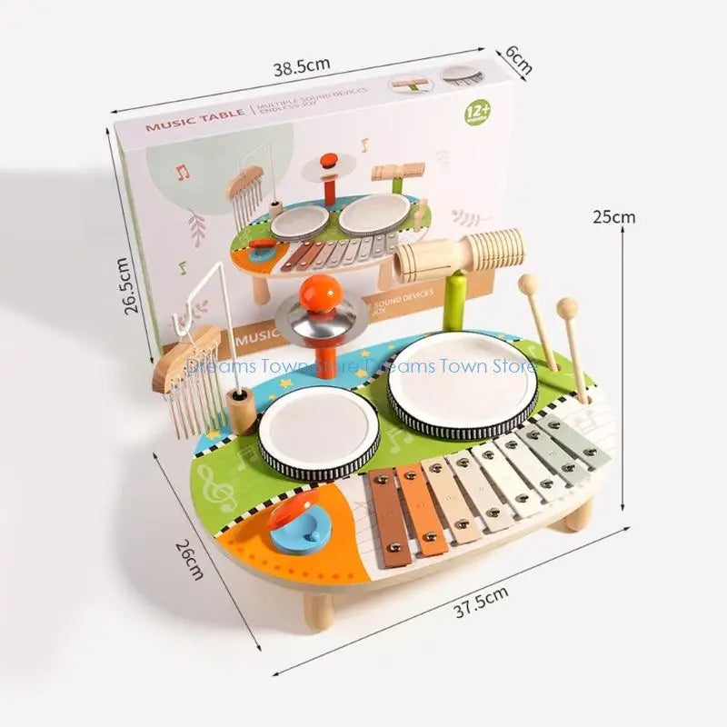 HX6A Portable Wooden Childrens Musical Toy Set Combining Drums Chimes&Xylophone Suitable For Educational Sensory Development