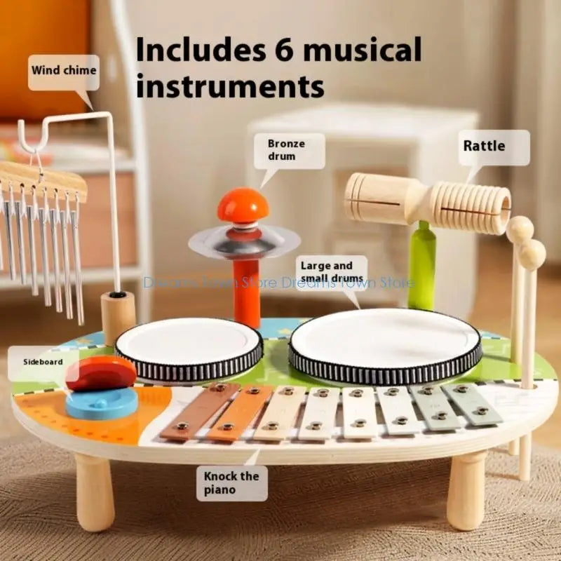 HX6A Portable Wooden Childrens Musical Toy Set Combining Drums Chimes&Xylophone Suitable For Educational Sensory Development