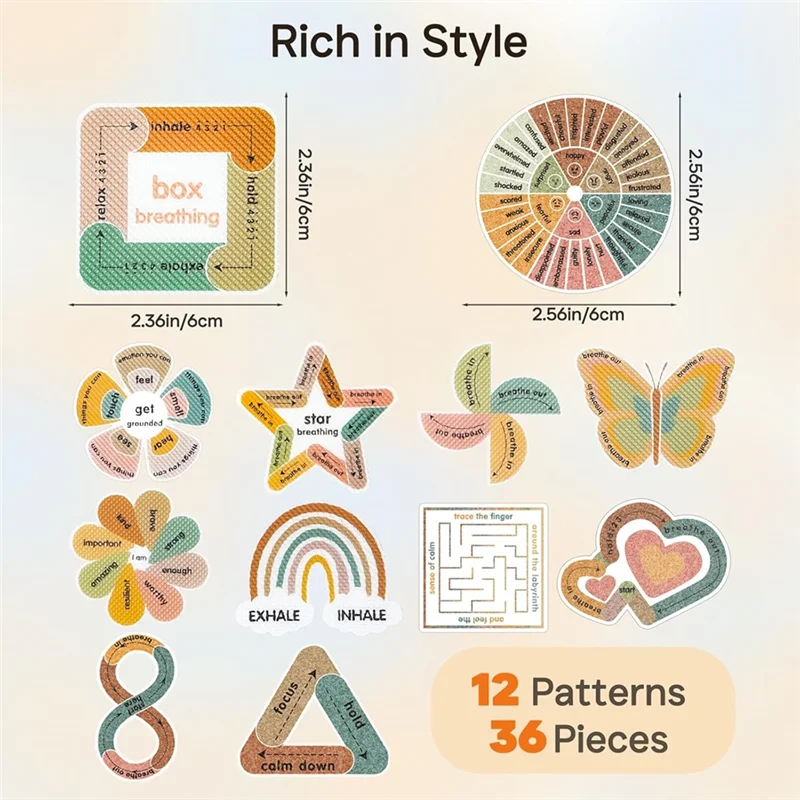 ABVO-Calm Strips 36Pcs For Anxiety Sensory Stickers, 2 Textured For Mood Calming, Breathing Mindfulness Fidget Sticker