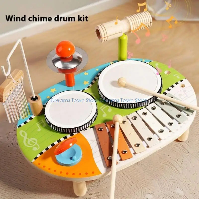 HX6A Portable Wooden Childrens Musical Toy Set Combining Drums Chimes&Xylophone Suitable For Educational Sensory Development
