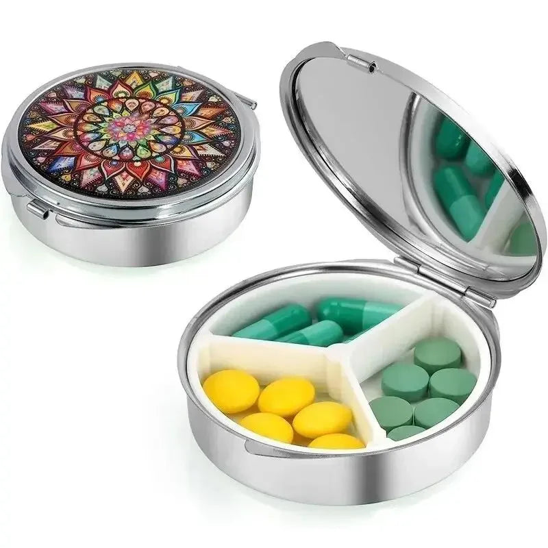 Small Pill Box Cute Pill Case for Travel Mini Pill Container Single Round Metal Pill Holder Organizer for Daily Medicine Supple