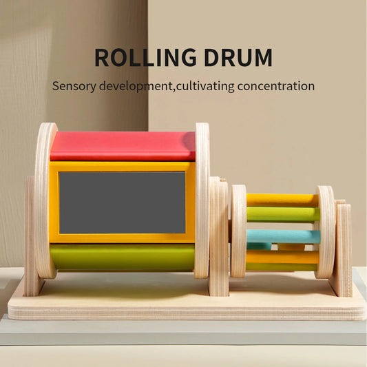 Wooden Montessori Color Rolling Drum Toy Mirror Spinning Puzzle Toy Baby Sensory Early Education Toys Birthday Gift