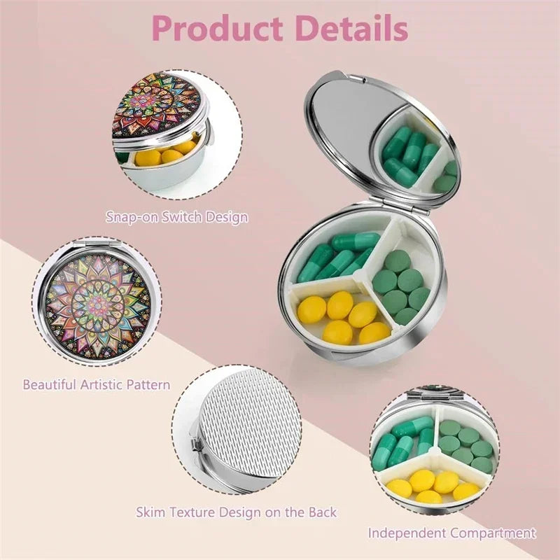 Small Pill Box Cute Pill Case for Travel Mini Pill Container Single Round Metal Pill Holder Organizer for Daily Medicine Supple