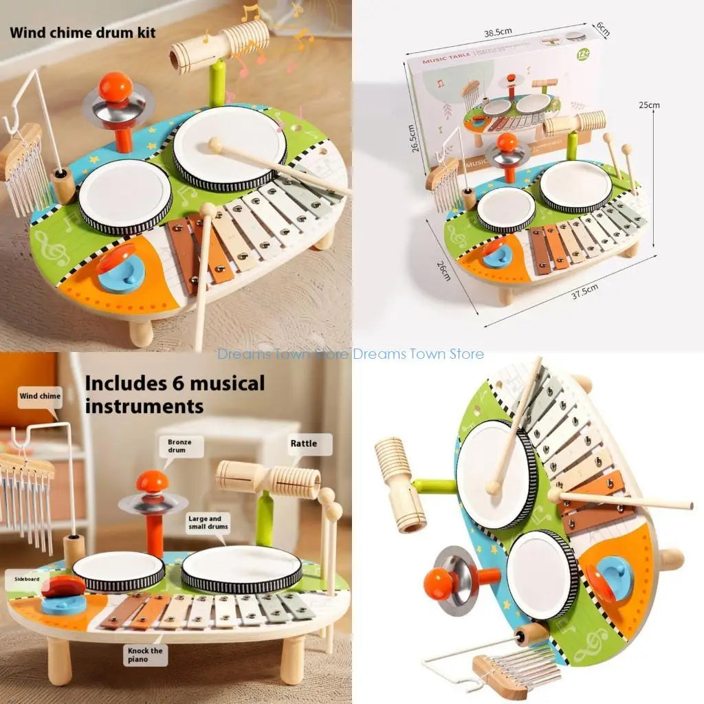 HX6A Portable Wooden Childrens Musical Toy Set Combining Drums Chimes&Xylophone Suitable For Educational Sensory Development