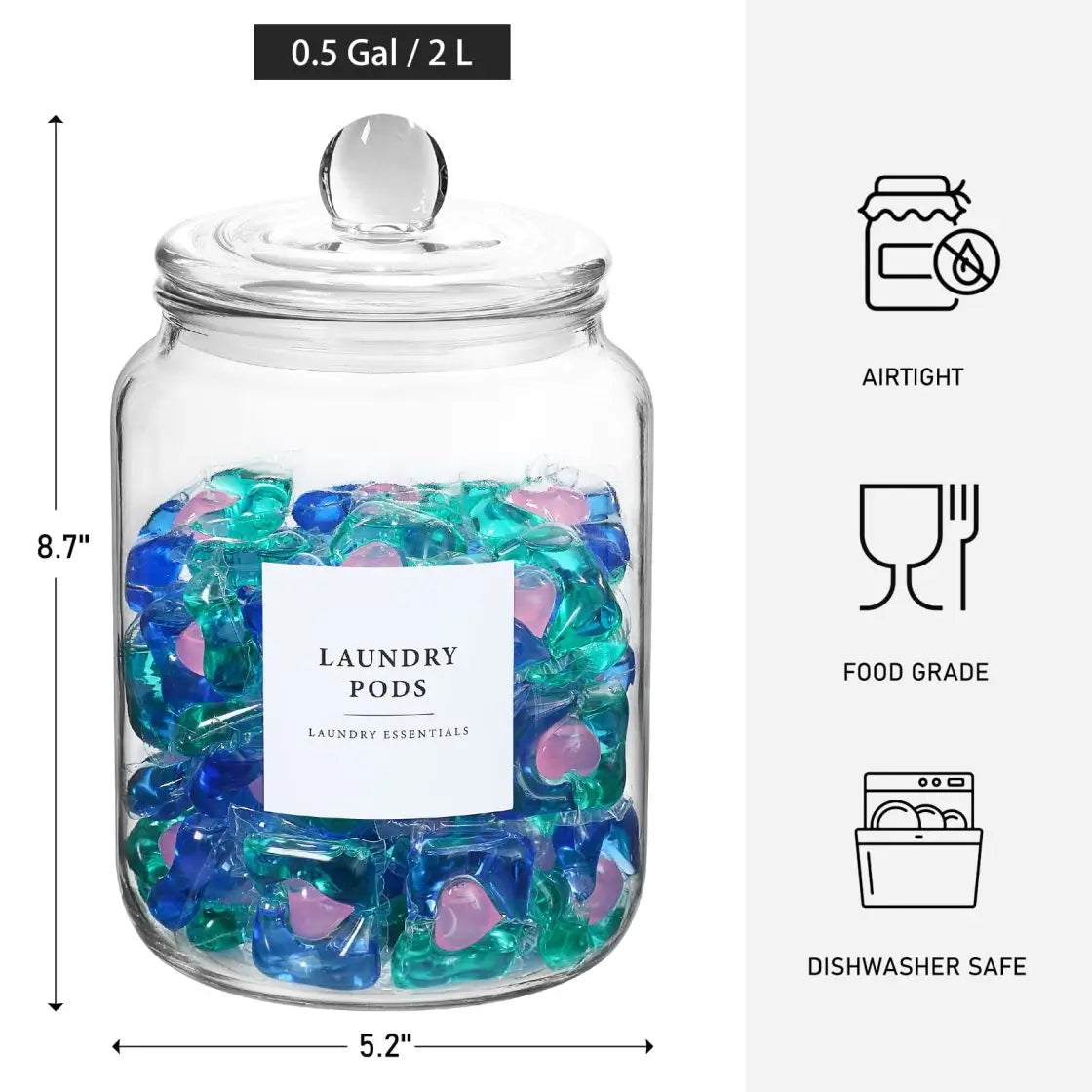 Glass Jars With Airtight Lids And Labels, Half Gallon Storage Containers With Spoons For Laundry Detergent, Pods, Scent Booster – Vision Clarity Routine | Home & Classroom Care