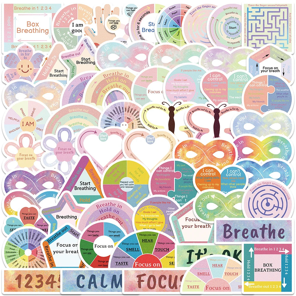60pcs Cartoon Calm Sensory Stickers Rainbow Wind Warm Sooth Breathe Decal DIY Scrapbook Journal Phone Suitcase Stickers For Teen – Portable Calming Kit | On‑the‑Go & Commute